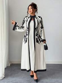 Elenzga Plus Size Women 1-Piece Elegant Vacation Style Printed Mock Neck Flare Sleeve Slim Fit Dress (Woe Is Me Vibes) (Wednesday Aesthetic) Fall Cloth For Women