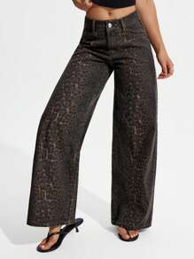 SHEIN PETITE 女式豹纹口袋宽松喇叭腿休闲百搭牛仔裤 - 彩色 - 查看 4