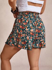 SHEIN VCAY 女式加大码节日花卉印花松紧腰宽松荷叶边下摆短裤夏季西部复古海滩度假乡村秋季教师复古女式波西米亚风 - 彩色 - 查看 2