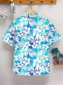 SHEIN Leap Crew Teen Boys' Holiday Tropical Plant Print Single Breasted Short Sleeve Shirt, Suitable For Summer - Multicolor - View 2