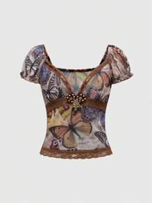 ROMWE Grunge Punk 复古嬉皮蝴蝶印花女式休闲上衣