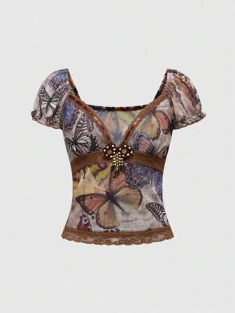 Grunge Punk Blusa casual de mujer con estampado de mariposas en estilo retro hippie