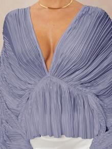 Lumalex Deep V-Neck Oversized Bell Sleeve Loose Women Shirt With Ruffle Hem - Purple - View 3