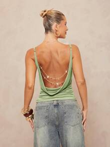 Lumalex Top tipo top con escote pronunciado, decoración de cadena metálica y cintura ceñida para mujeres