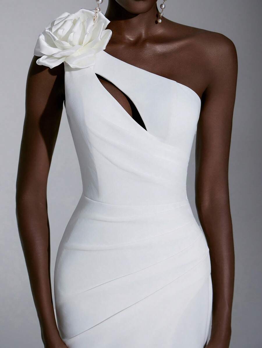 Elitara White Spring Elegant Formal Party Dress,Stretchy Knitted Asymmetric Shoulder Detachable 3D Floral Ruched Fishtail High Slit Extra Long Bridal Train - White - View 1