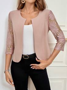 SHEIN Clasi 女士优雅圆领七分袖粉色蕾丝拼接外套 秋季女装 - 粉色 - 查看 4