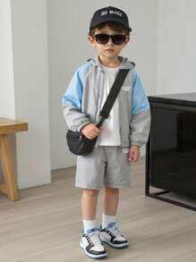 Set de 2 piezas de chaqueta y pantalones cortos con bloques de color para niños pequeños, apropiado para deportes, al aire libre, escuela, primavera/verano/otoño