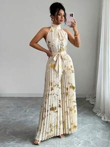 Elenzga Mono de pierna ancha elegante y romántico con cuello de volantes sin mangas para mujer, ideal para Halloween