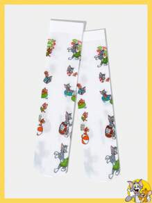 TOM & JERRY X SHEIN 1 pereche de șosete albe cu model de desene animate până la jumătatea gambei pentru femei