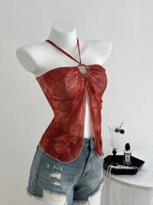 Elamini Women's Casual Racerback Camisole With Cashew Floral Print, Navy Blue, Spring/Summer - Red - View 6