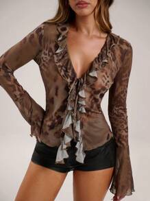 SHEIN BAE Women's All-Over Print Ruffled V-Neck Fitted Long Sleeve Blouse - Brown - View 5