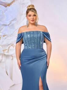 Glamrae Plus Size Elegant & Romantic Off-Shoulder Purple Gown With Rhinestone Accents, Fish Tail Hem And Train, Suitable For Weddings, Graduations, Celebrations, Formal Evenings