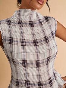 SHEIN BAE Blusa senza maniche con motivo a quadri marroni plissettata, semplice e casual, adatta per aeroporto, uscite, casual business, lavoro, stile Y2K, ritorno a scuola, autunno