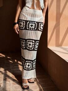 MOTF PREMIUM CROCHET MERMAID HEM COVER UP SKIRT FOR SUMMER BEACH VACATION - Black and White - View 1