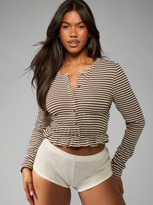 MISSGUIDED Striped Long Sleeve Button Front Peplum Top Ruched Fitted Crop Length Fall Winter Fashion