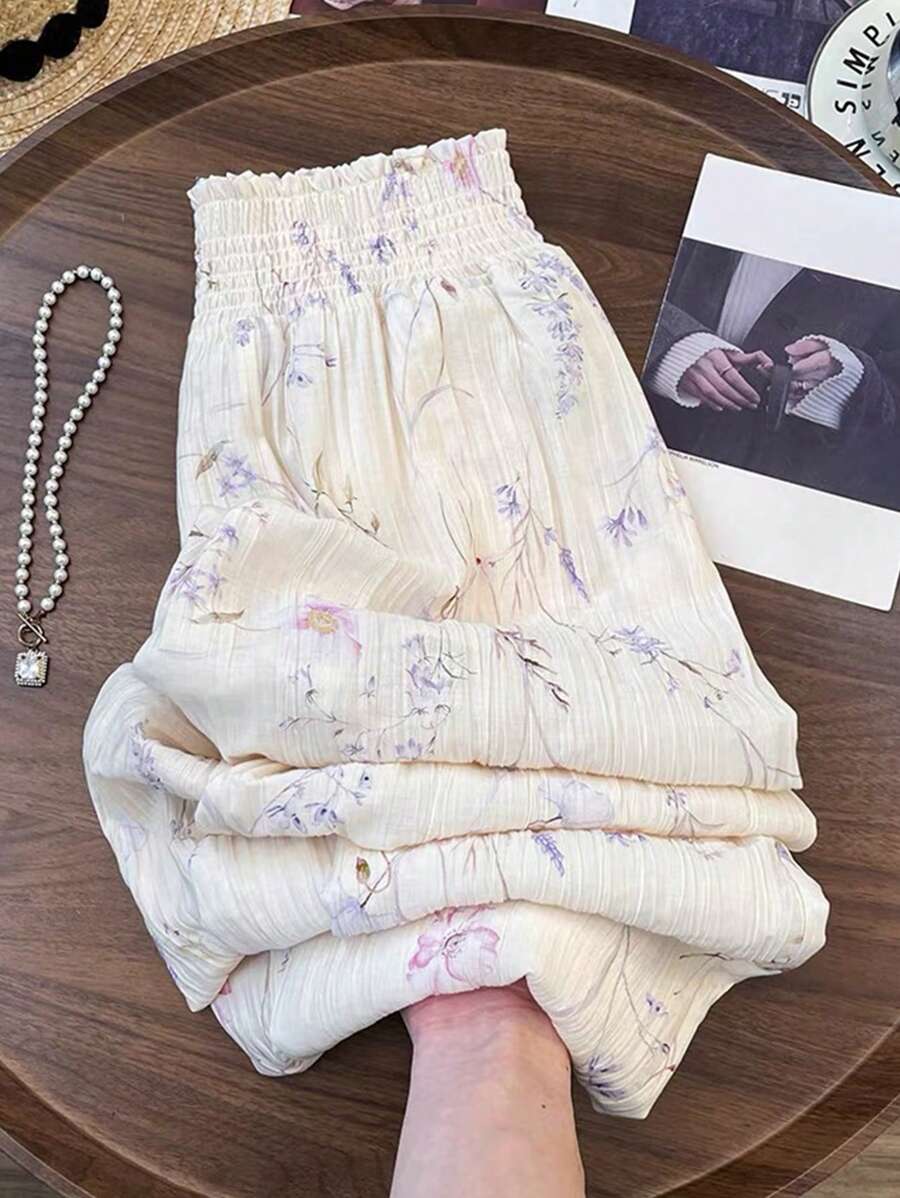 Breezaya 杏色碎花高腰阔腿裤，休闲春夏款，可搭配复古腰带，优雅日常穿着，适合办公室、毕业典礼、复古音乐节、德比季 - 杏色 - 查看 1