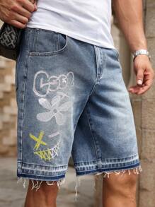 Manfinity Homme 男士笑脸印花毛边口袋时尚牛仔短裤 - 藍色 - 查看 4