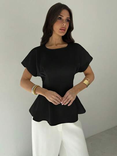 Firerie 女装夏季新款优雅通勤度假复古毕业日常百搭浅黄色竹纹圆领短袖腰褶X型常规衬衫