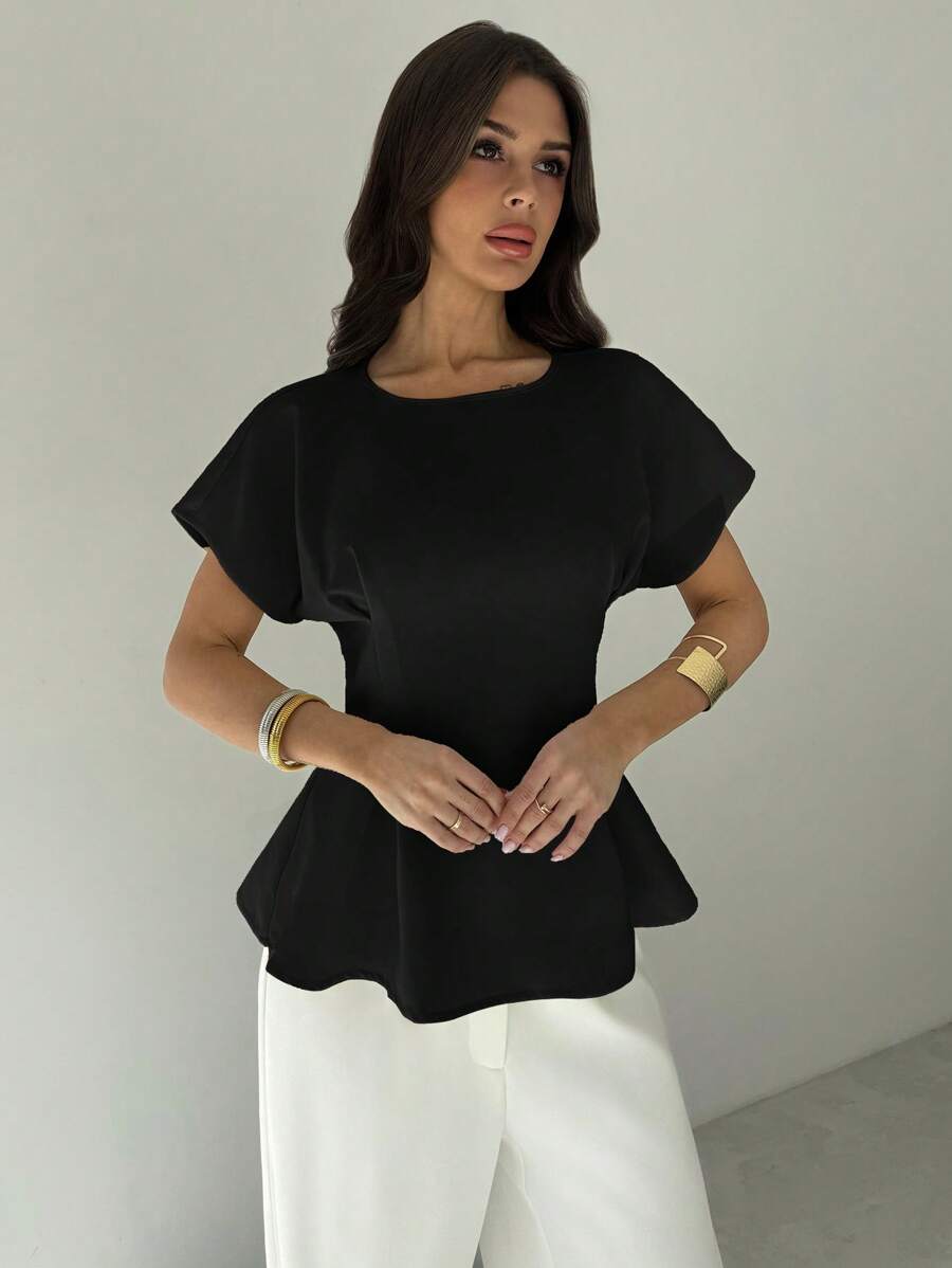 Firerie Camisa regular de mujer de estilo vintage con cuello redondo, manga corta, cintura recogida y textura de bambú negro, minimalista y elegante, adecuada para uso diario, vacaciones y playa