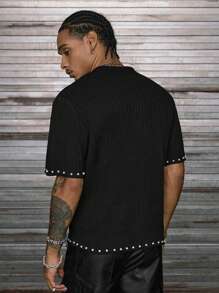 AXEPEAK Men's Solid Color V-Neck Casual Short Sleeve Knitted Top, Summer - Black - View 3