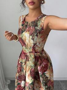 Elenzga 女士圆领无袖收腰全身印花优雅中长连衣裙 - 棕色 - 查看 4