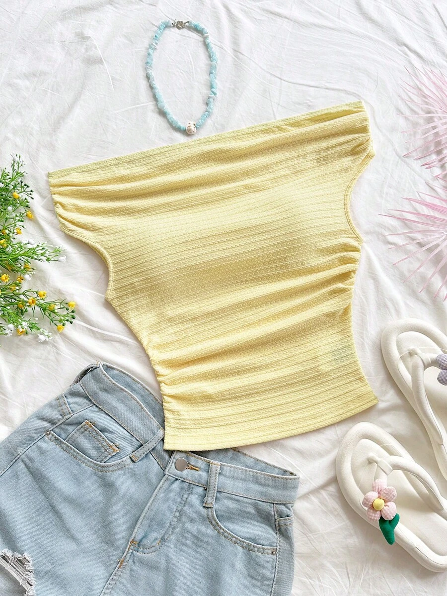 Soleia 女士纹理针织露肩褶饰修身度假上衣，适合派对、海滩、夏季 - 黃色 - 查看 1