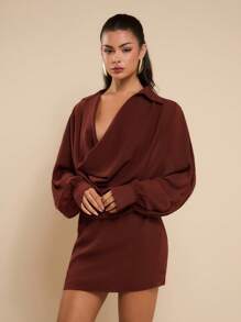 COSMINA Vestido mini elegante con cuello drapeado para mujer, adecuado para banquetes, primavera/verano - Marrón - Ver 1