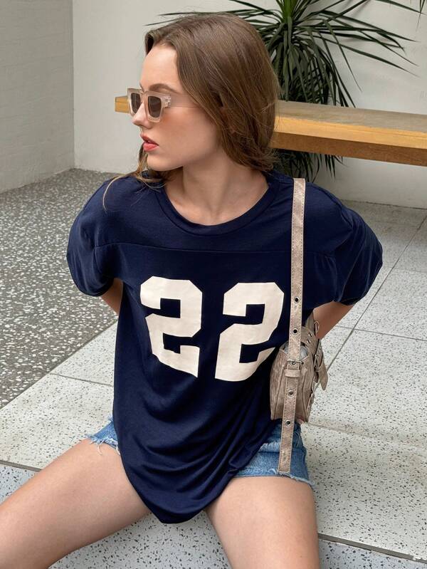 INAWLY Tricou de vară casual cu mânecă scurtă pentru femei, cu imprimeu numeric, guler rotund, grafic, topuri pentru femei
