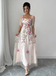 Elenzga 花卉刺绣网布拼布圆领短袖连衣裙 - 杏色 - 查看 1