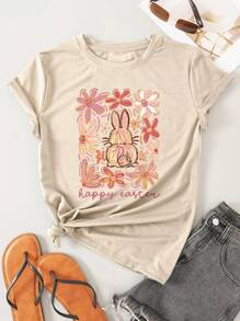Spring And Summer Women's Plus Size T-Shirts/Petal Bunny Pattern/Easter Festival/Happy Easter/Women's Plus Size Casual T-Shirts/Loose Round Neck Tops - Apricot - View 1