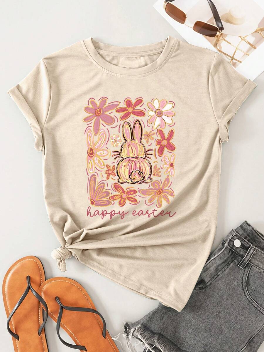 Spring And Summer Women's Plus Size T-Shirts/Petal Bunny Pattern/Easter Festival/Happy Easter/Women's Plus Size Casual T-Shirts/Loose Round Neck Tops - Apricot - View 1