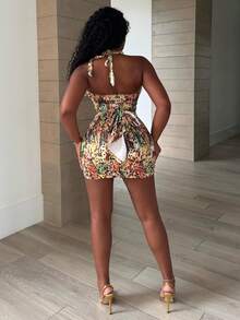 Alexandranx Women's Halter Strap Green Holiday Print Mini Dress - Multicolor - View 2