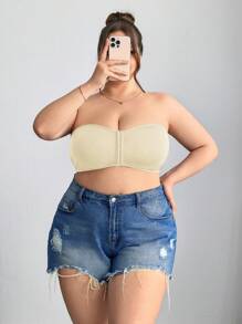 SHEIN CURVE+ 前拉链加大码迷你衬垫文胸背心，加大码曲线，波西米亚风度假上衣，内置文胸加大码无肩带文胸无肩带文胸上衣曲线上衣内置文胸上衣 - 杏色 - 查看 4