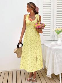 SHEIN VCAY 度假系带高开叉浪漫碎花女式连衣裙 - 黃色 - 查看 7