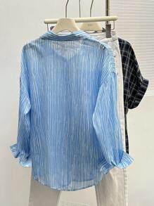 INAWLY Camisa de manga larga con bolsillo frontal, estampado de rayas y botones, de estilo casual