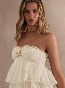 Glamine 女士夏季纯色露肩海星装饰蛋糕短裙、夏季、女士连衣裙、女士度假装、褶边连衣裙、飘逸短裙、爱与柠檬水连衣裙、层叠荷叶边连衣裙、奶油色连衣裙、女士白色连衣裙 - 杏色 - 查看 6