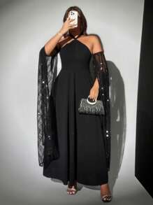 Viva Relle Große Größen Schulterfrei Sexy Kleid mit Pailletten, Netzstoff, Neckholder, taillierter Taille - Schwarz - Übersicht 4