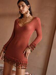 MOTF PREMIUM PLUNGING NECK LAYERED FRINGE HEM COVER UP DRESS FOR SUMMER BEACH VACATION - Brown - View 6