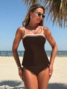 Swim Lushoire 2 件纯色印花设计加厚胸围可拆卸肩带修身成熟风女式分体泳衣套装 - 咖啡棕 - 查看 3