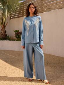DAZY Damen 3D besticktes Oberteil und weite Hose Set, Retro Stil Lässig Urlaubsoutfit Blaue Bluse für Damen Boho Hemden Damen Bestickte Hemden für Damen Damen Blaue Tops, Herbstkleidung - Blau - Übersicht 3