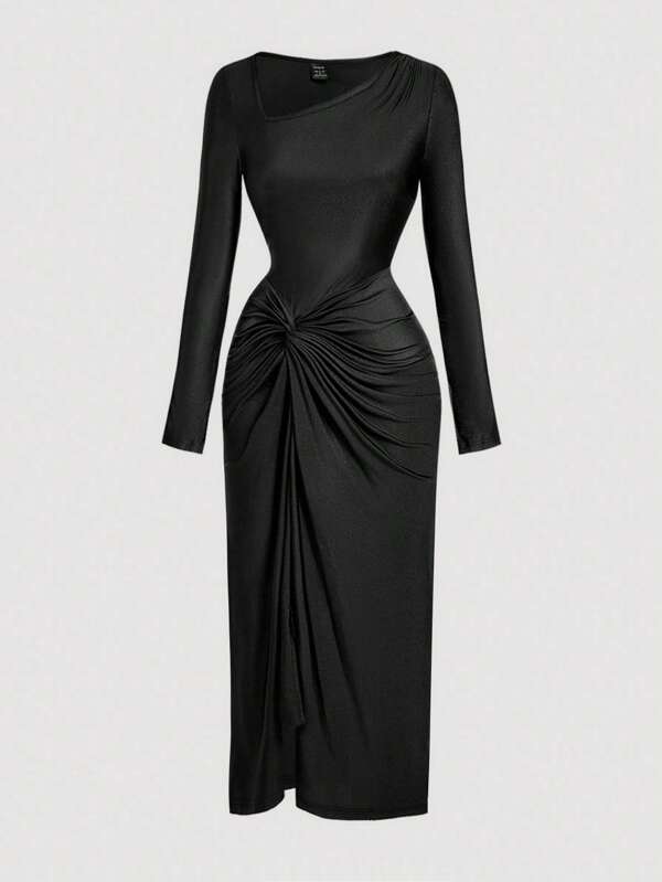 SHEIN MOD Solid Color Asymmetrical Neckline Ruched Twist Dress,Elegant Long Dress,Wedding Guest Dress Women,