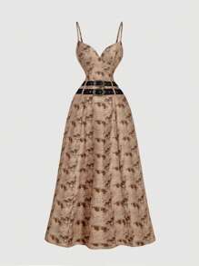 SHEIN MOD Tie-Dye Print Triangular Cups Belted Dress, Brown Jacquard Dress, Brown Belted Dress Long Brown Dress Brown Floral Dress,Back To School - Multicolor - View 1