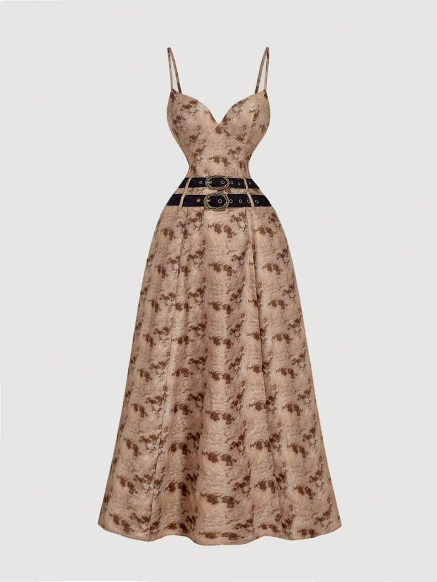 SHEIN MOD Tie-Dye Print Triangular Cups Belted Dress, Brown Jacquard Dress, Brown Belted Dress Long Brown Dress Brown Floral Dress,Back To School - Multicolor - View 1