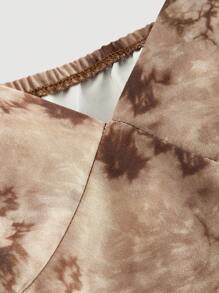 SHEIN MOD Tie-Dye Print Triangular Cups Belted Dress, Brown Jacquard Dress, Brown Belted Dress Long Brown Dress Brown Floral Dress,Back To School - Multicolor - View 3