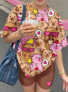 SHEIN 2PCS Set Cute Capybara Print T-Shirt & Loose Fit Bike Shorts Teen Girls Casual Summer Outfit, Chill Summer - Multicolor - View 4