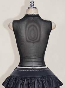 SHEIN ICON 加大码 Y2k 夏季黑色网眼透视性感水钻闪光女式水钻字母网眼露背紧身吊带背心 - 黑色 - 查看 2