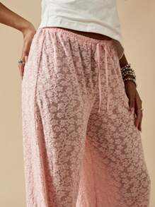 MISSGUIDED 奢华天鹅绒阔腿休闲裤 阔腿风格抽绳舒适服装 节日派对晚装 柔软毛绒裤 - 粉色 - 查看 4