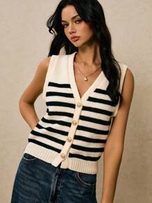 Poéselle 条纹纽扣前针织毛衣背心，女士无袖 V 领学院风上衣，条纹毛衣背心，女式针织背心，秋季，学院风上衣，沿海时尚，1 件女式条纹 V 领纽扣前针织背心上衣，时尚 - 黑與白 - 查看 5