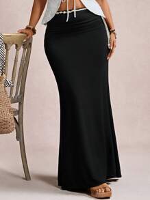 Freevana Plus Size Elegant Vintage Romance Fitted Flared Maxi Knitted Skirt For Party And Gathering, Autumn/Winter