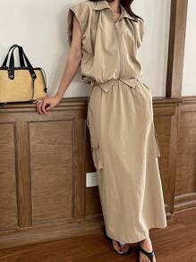 DAZY 2pcs Women Utility Style Top And Skirt Set - Khaki - View 5